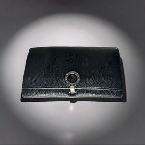 BVLGARI Black Leather Bi fold Long wallet - silver hardware - gender neutral
